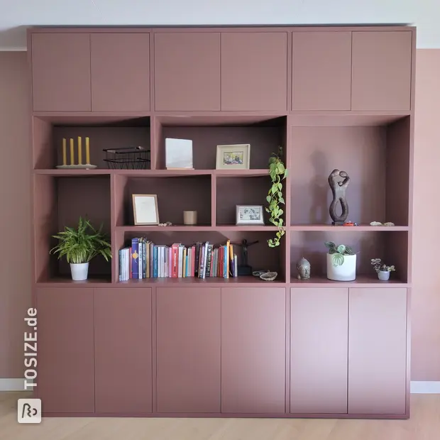 Pink cupboard wall with open compartments and doors
