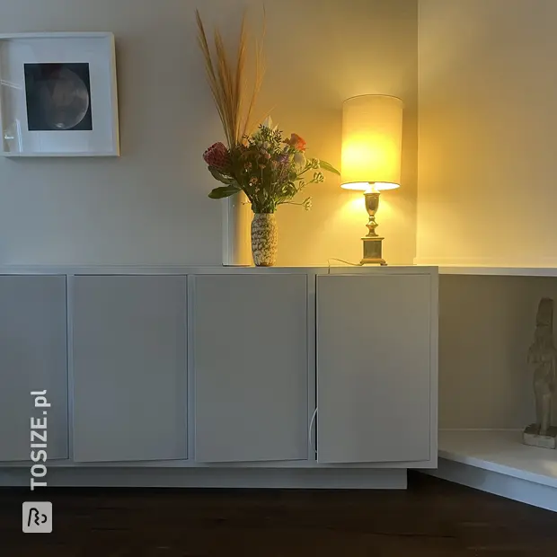 White sideboard with doors and open compartments