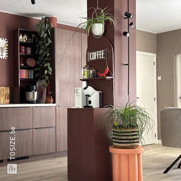 Brown sideboard with doors and open compartments