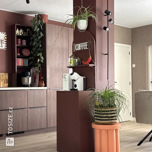 Brown sideboard with doors and open compartments
