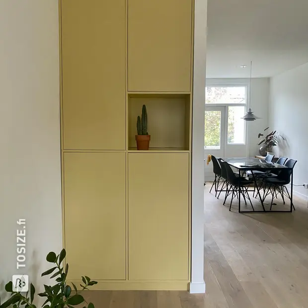 Yellow sideboard with doors and open compartments