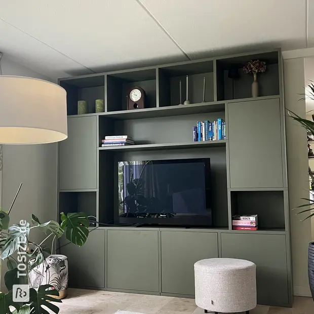 Green cupboard wall with open compartments and doors