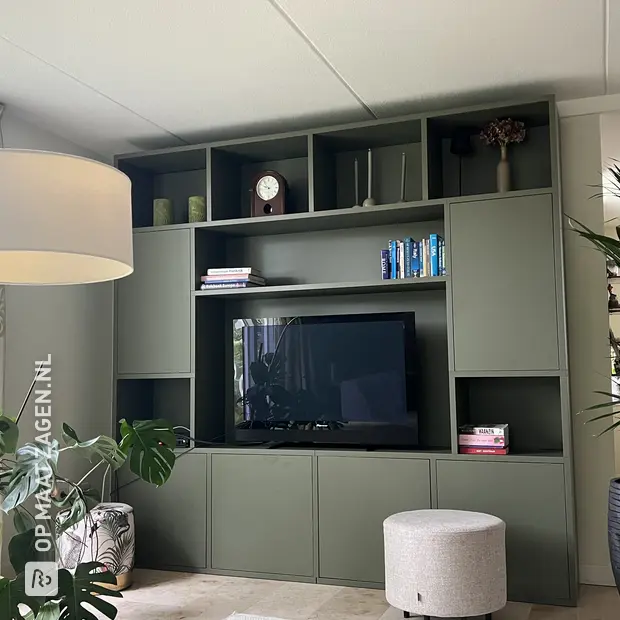 Groene kastenwand met open vakken en deuren