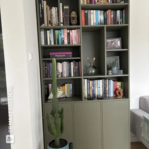 Groene vakkenkast met open vakken en deuren
