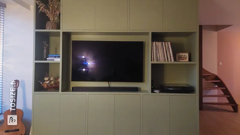 Homemade TV cabinet for the living room in Moss color No. 41, by Jaap