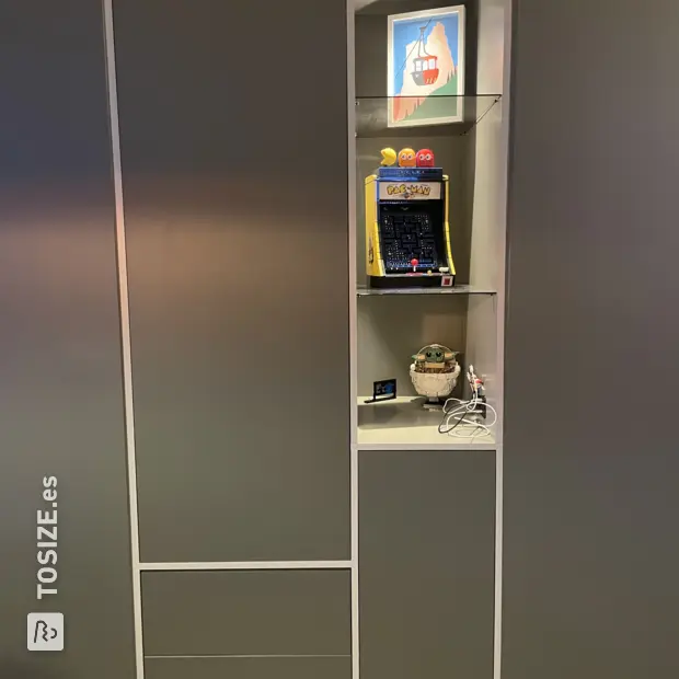 Gray cabinet with doors and open compartments