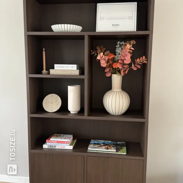 Bibliothèque en bois foncé avec étagères et portes ouvertes