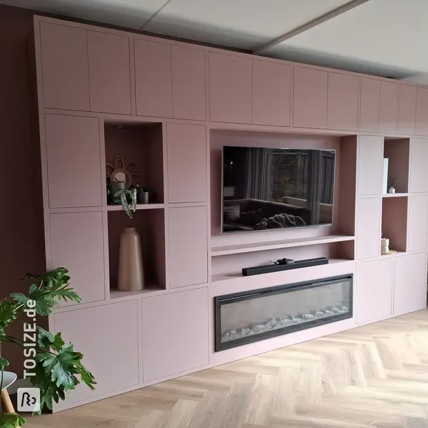 Red sideboard with open compartments and doors