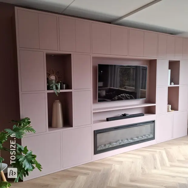 Red sideboard with open compartments and doors