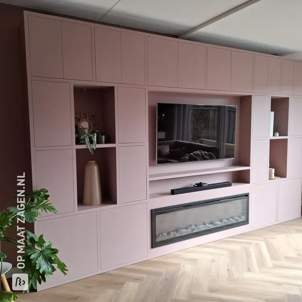 Red sideboard with open compartments and doors