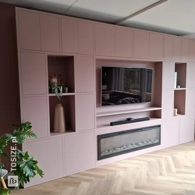 Red sideboard with open compartments and doors