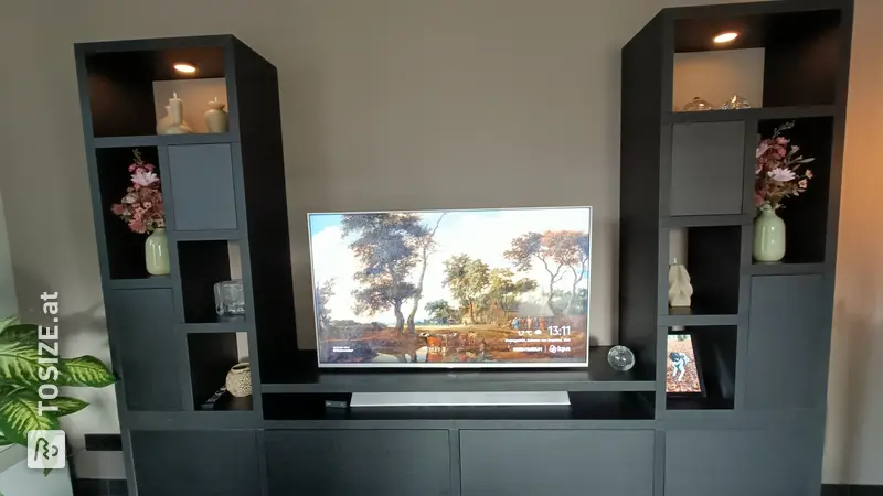 Stylish Black TV Cabinet with Compartments and Drawers, by Jeanette