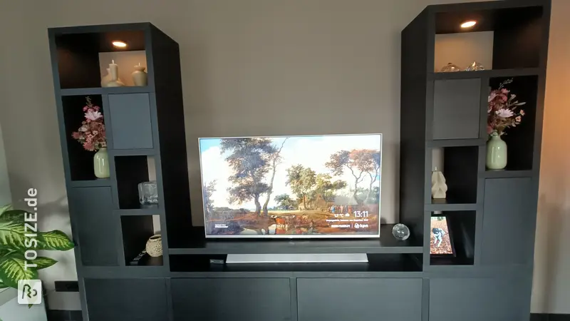 Stylish Black TV Cabinet with Compartments and Drawers, by Jeanette
