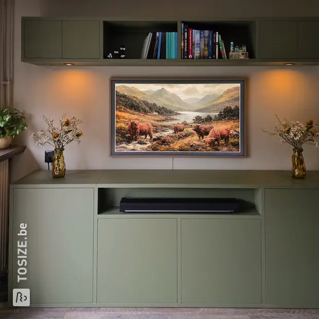 Green sideboard with doors and open compartments