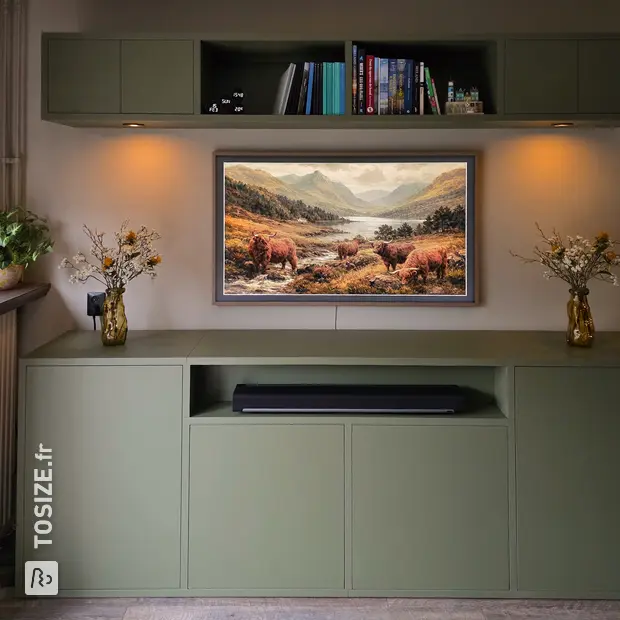 Green sideboard with doors and open compartments