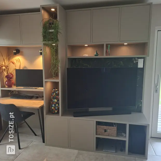 Grey wall unit with open compartments and doors
