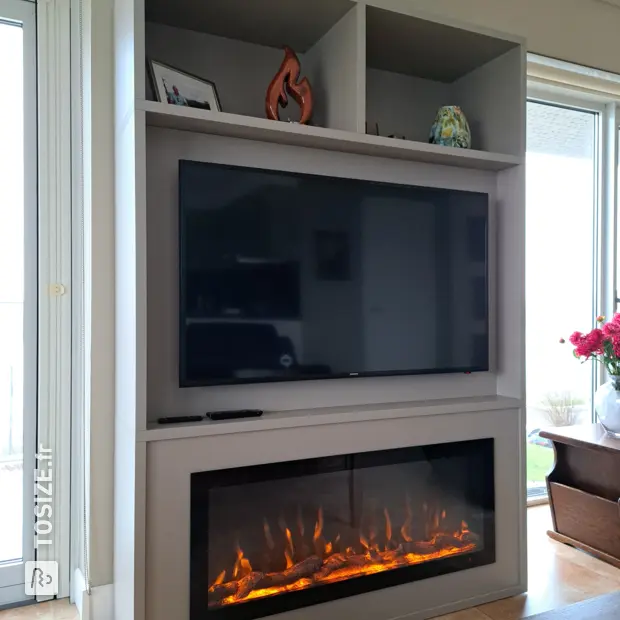 Grey wall unit with open compartments and doors
