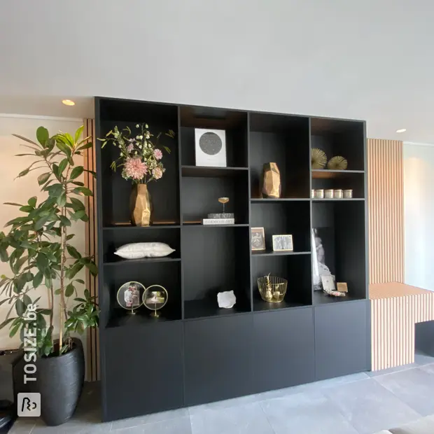 Black cupboard wall with open compartments and doors