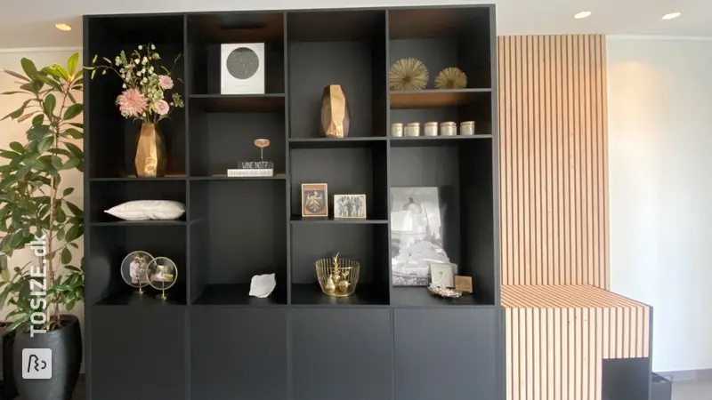 Large Black Shelving Unit with Doors and Shelves, by Rixt