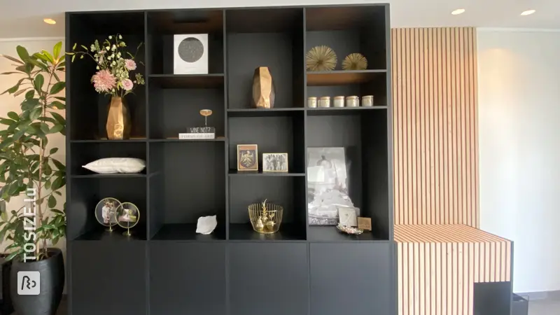 Large Black Shelving Unit with Doors and Shelves, by Rixt
