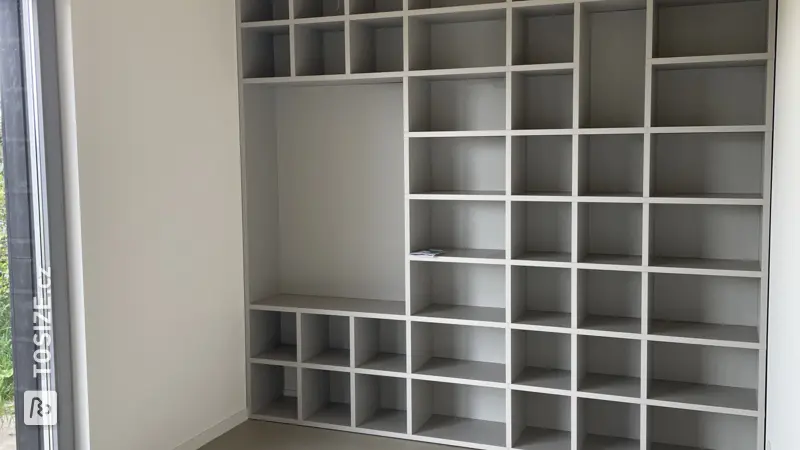 Beautiful Cloud Grey Bookcase in the Niche, by Ronald