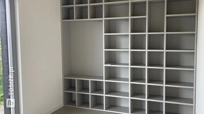 Beautiful Cloud Grey Bookcase in the Niche, by Ronald