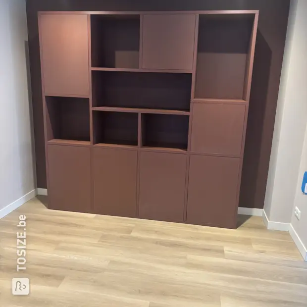 Red cupboard wall with open compartments and doors