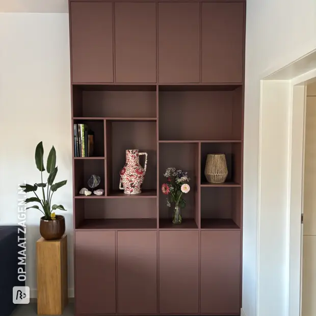 Red wall unit with doors and open compartments
