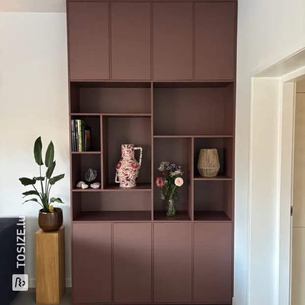 Meuble mural rouge avec portes et compartiments ouverts