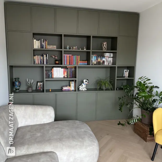 Groene kastenwand met open vakken en deuren