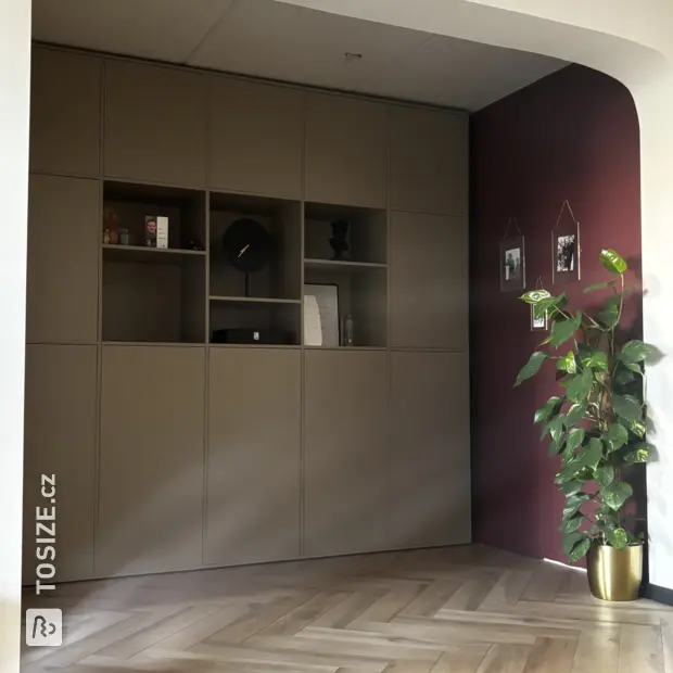 Grey sideboard with open compartments and doors
