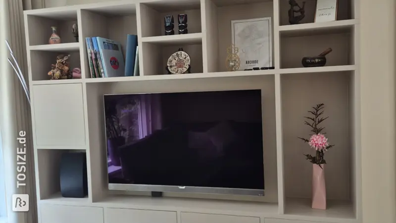 Stylish Sand-colored TV Cabinet with Open Compartments, by Roksana