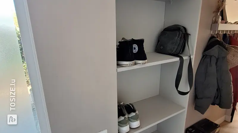 Floating Shoe and Bag Cabinet for a Narrow Hallway, by Arno