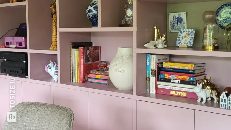 Selbstgebauter rosa Vitrinenschrank fürs Wohnzimmer, von Lisa