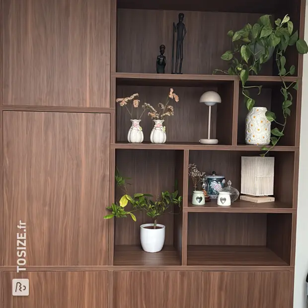 Meuble mural marron avec portes et compartiments ouverts