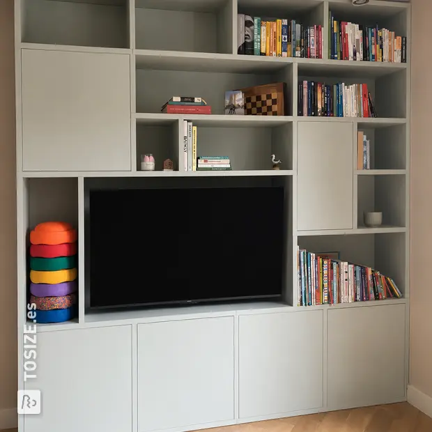 Mueble de pared gris con puertas y compartimentos abiertos.