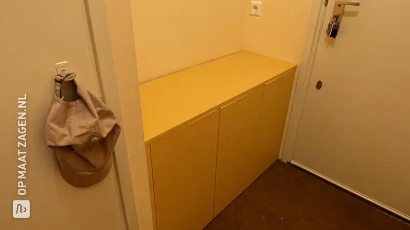 DIY custom orange shoe cabinet for the hallway, by Lisette