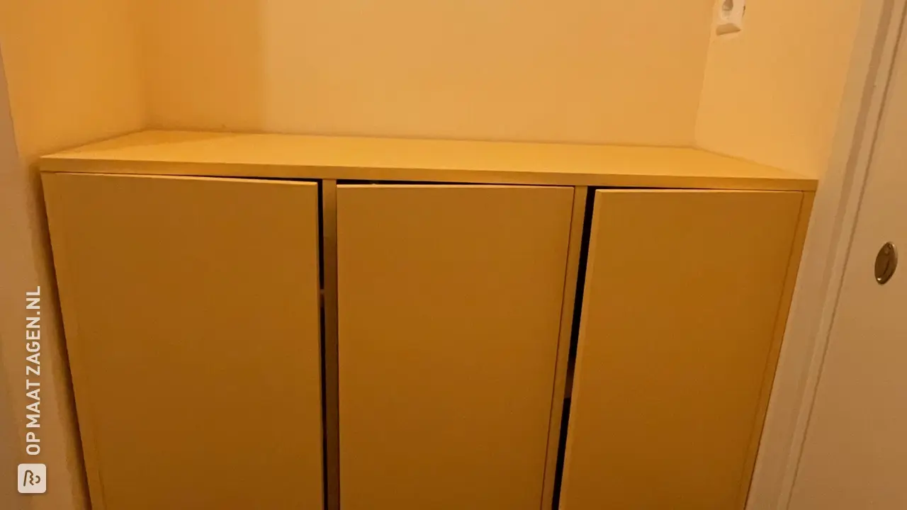DIY custom orange shoe cabinet for the hallway, by Lisette