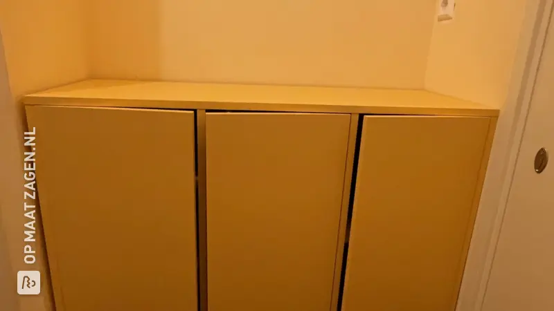 DIY custom orange shoe cabinet for the hallway, by Lisette