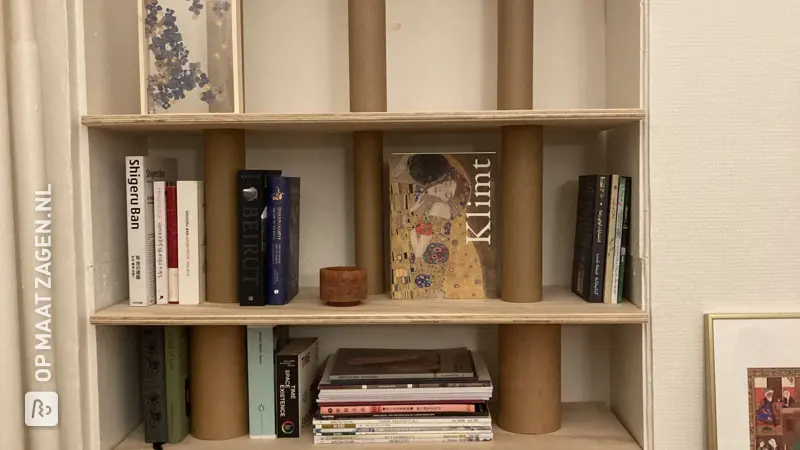 DIY bookcase made from cardboard tubes and pine plywood, by Sepideh