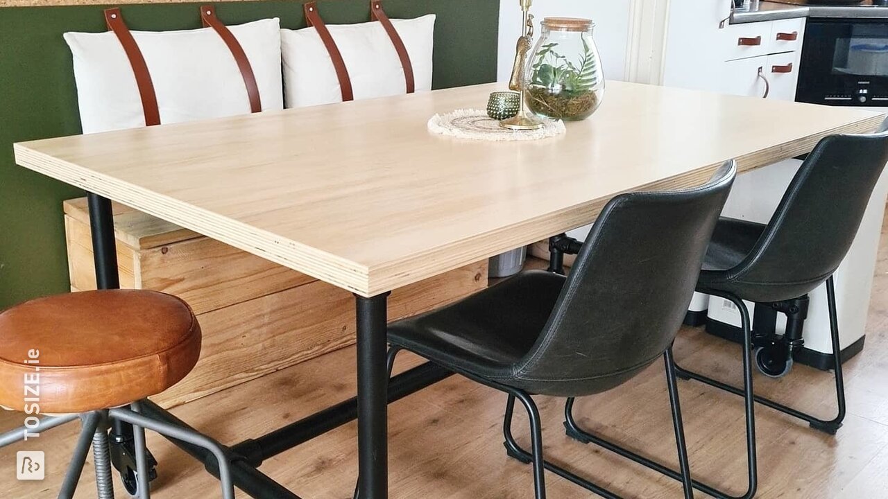 Scaffolding tube dining table with poplar plywood top, by Wouter and Chantal