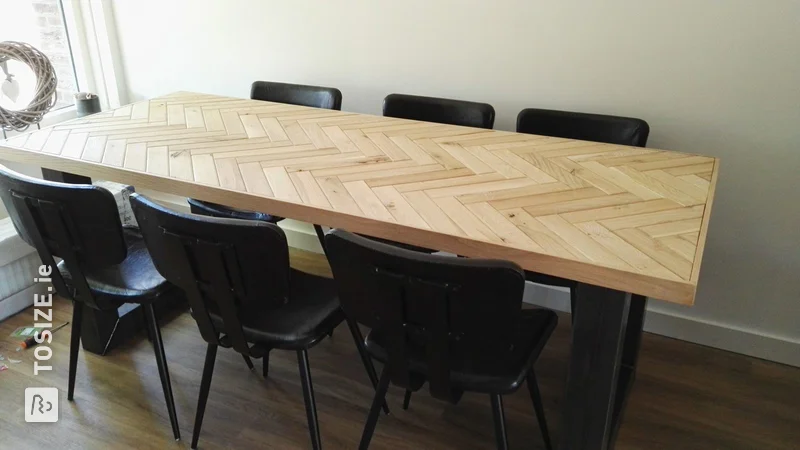 DIY dining table and coffee table finished with herringbone pattern