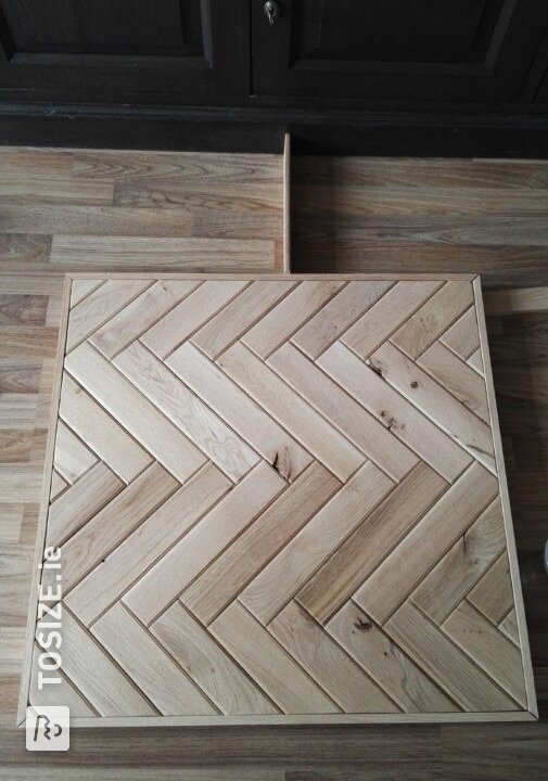 DIY dining table and coffee table finished with herringbone pattern