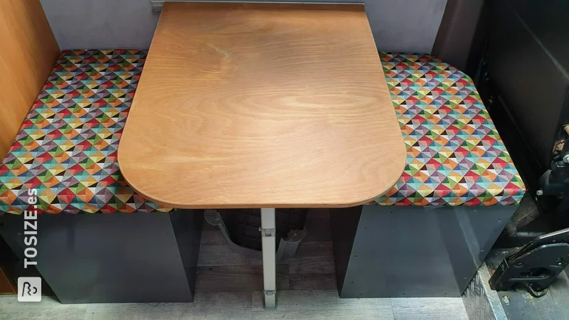 Homemade camper bus table/bench from Multiplex, by Laurens