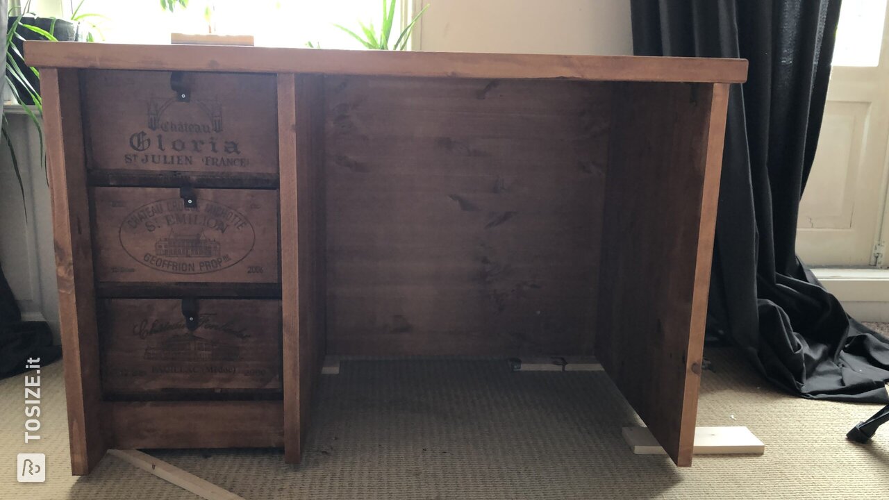 Pine desk with old wine boxes