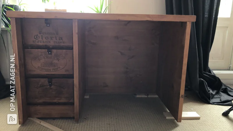 Pine desk with old wine boxes, by Frank
