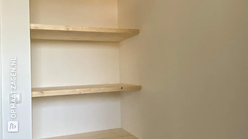 Blind wall shelves from Spruce timber panel in niche, by Thomas