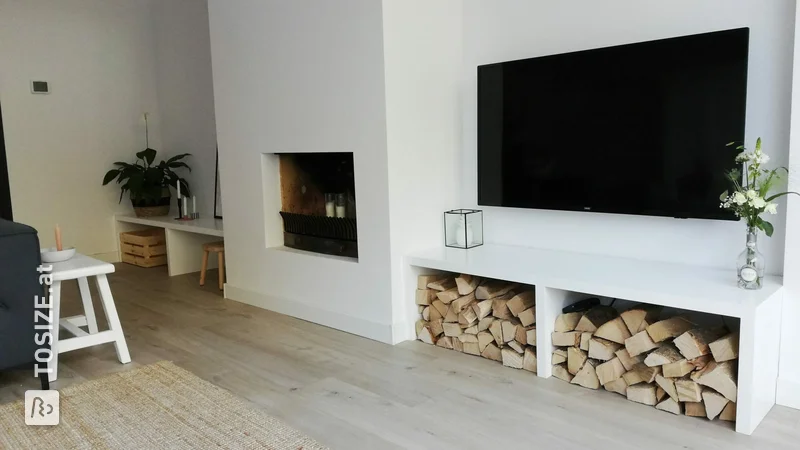 Fireplace furniture with compartments made of Spruce carpentry panel, by Pieter