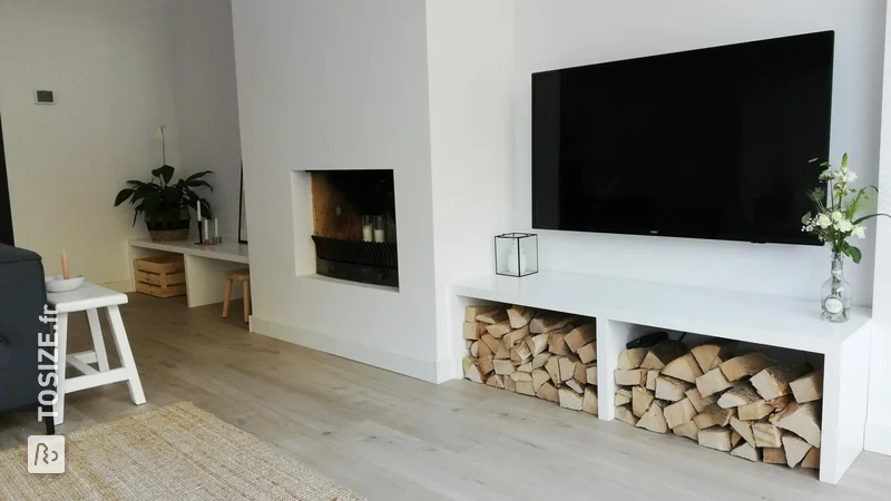 Fireplace furniture with compartments made of Spruce carpentry panel, by Pieter