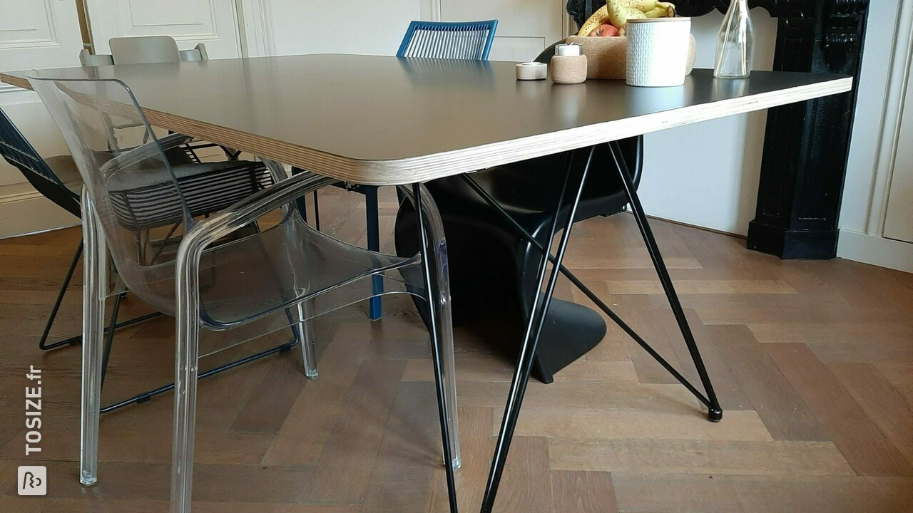 Black painted plywood dining table, with wooden edge, by Yvonne